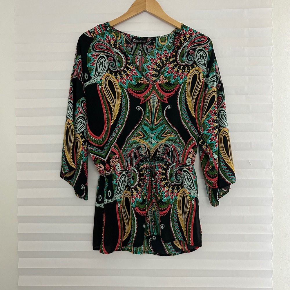 7th Avenue New York & Company Paisley V-Neck Kimono Sleeve Tunic Top Small Black